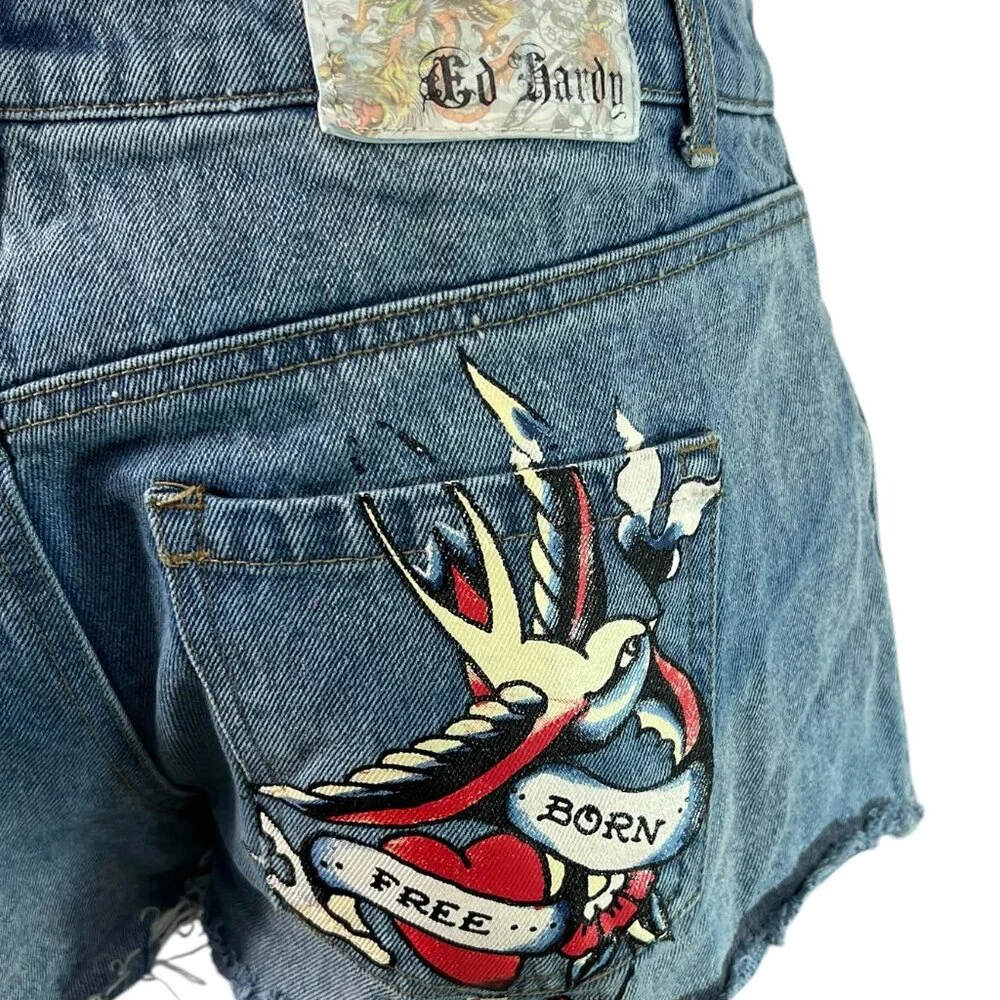 Ed Hardy Denim Cut Off Jean Shorts Born Free Swallow Size Medium